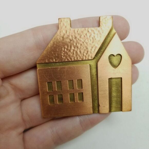 Vintage Hallmark Copper and Brass House with Heart Brooch, Signed HMK, Estate - Picture 2 of 7